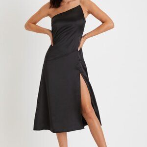 NWT! Lulus Sleek Excellence Black Satin Rhinestone One-shoulder Midi Dress - XS
